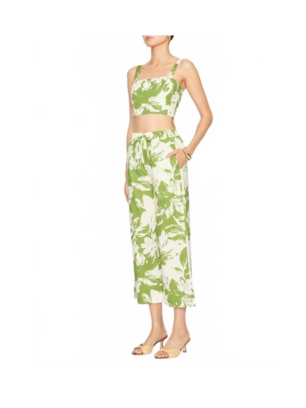 Misa Los Angeles Green and White Floral Crop Top with Cropped Wide-Leg Pants